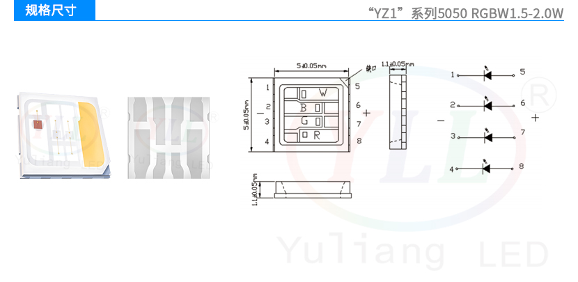 YZ1系列5050RGBW1.5-2.0W燈珠規格尺寸