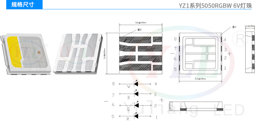 YZ1系列5050RGBW燈珠-6V規(guī)格尺寸